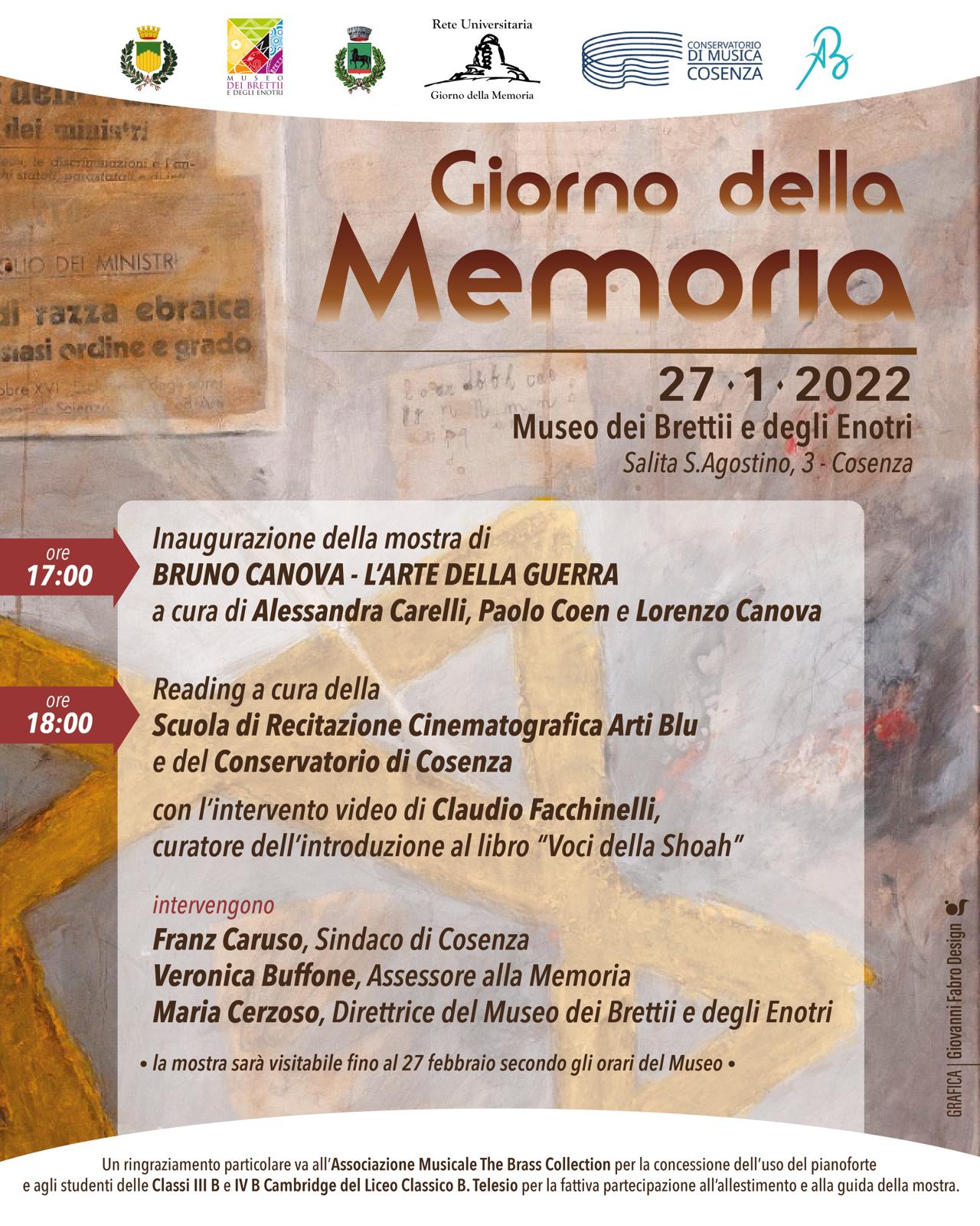 Il Sindaco Franz Caruso inaugura giovedì 27 gennaio, al Museo dei Brettii e degli Enotri, la Mostra "L'arte della guerra" di Bruno Canova con la quale prendono il via le iniziative del "Mese della Memoria"